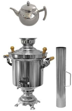 Russischer/Türkischer Holzkohle Samowar aus Edelstahl 5 Liter mit 1 Liter Design Teekanne