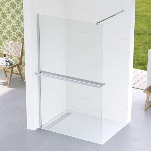 Walk in Duschglas 90x200 cm Duschwand Glas für Begehbare Dusche mit Handtuchhalter Duschablage Duschregal Badregal ESG Sicherheitsglas 8 mm klar NANO beschichtet Stabilisator Chromoptik