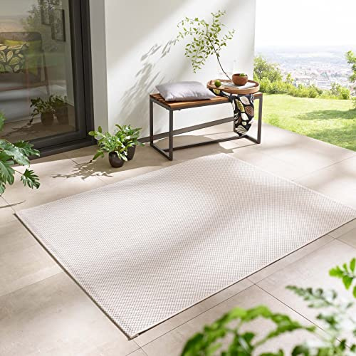 Taracarpet In- & Outdoor Teppich Wetterfest Wohnzimmer Balkon Küchenteppich Flachgewebe sisaloptik meliert Einfarbig Uni Creme Weiss 080x150 cm