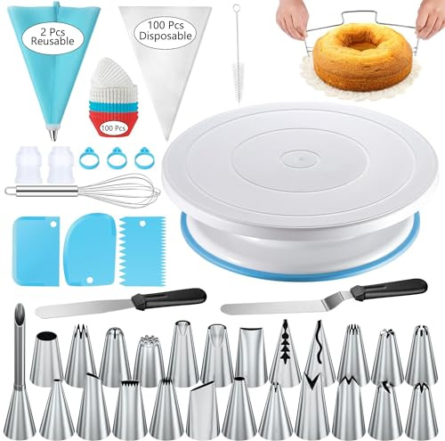240 Stück Tortendekorationssets Kuchendrehscheibe, 100 Spritzbeutel 100 Einweg-Cupcake-Folien 24 Spritzspitzen 3 Glasurschaber 2 Spatel Tortenheber zum Backen