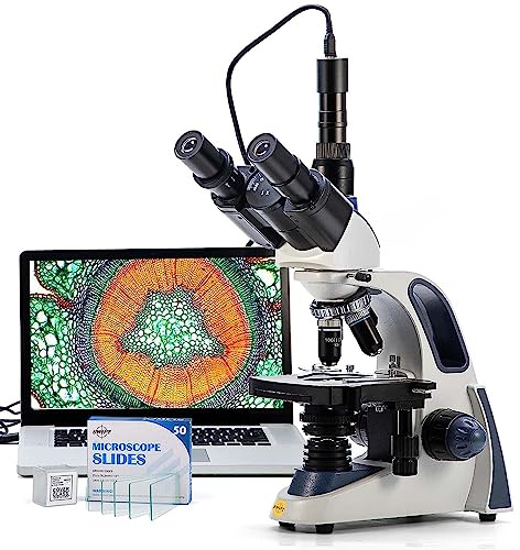SWIFT SW380T Compound Trinokular Mikroskop, 40X-2500X Vergrößerung, zweilagige mechanische Bühne, 5,0 MP Kamera und Software Windows/Mac kompatibel, 100 Stück Leere Objektträger
