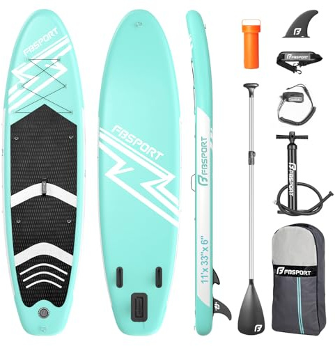 FBSPORT Aufblasbares SUP Board, Stand Up Paddling Board, Aufblasbare Stand Up Paddle Board für Stand-Up Paddling 15CM Dick, Surfbrett Kit mit Verstellbares Aluminium SUP Paddel+Pumpe(Green)