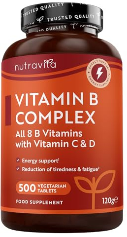 Nutravita Vitamin B Komplex mit Vitamin C + D + Biotin - 500 Tabletten für +1 Jahr Vorat, Stoffwechsel, Psychische Funktion, Nervensystem (EFSA)