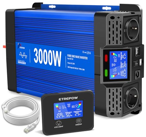 ETREPOW 3000W/6000W 12V Auf 230V Reiner Sinus Wechselrichter mit Fernbedienung, 2 EU Steckdosen, 2 USB+Tycp-C Anschlüssen, geeignet für Haushaltsgeräte, Wohnmobile, Camping Spannungswandler