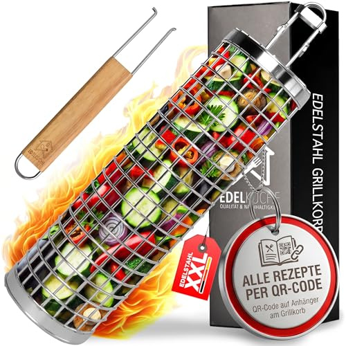 EdelKüche Premium Grillkorb (XXL) aus Edelstahl für Gemüse und Fleisch | Rund, Zylindrisch | Grillzubehör | super Geschenk