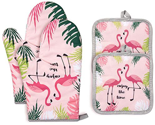 Czemo Ofenhandschuh und Topflappen Set Hitzebeständige Topfhandschuhe Baumwolle Kochhandschuhe für Kochen, Backen, Grillen (Flamingo)
