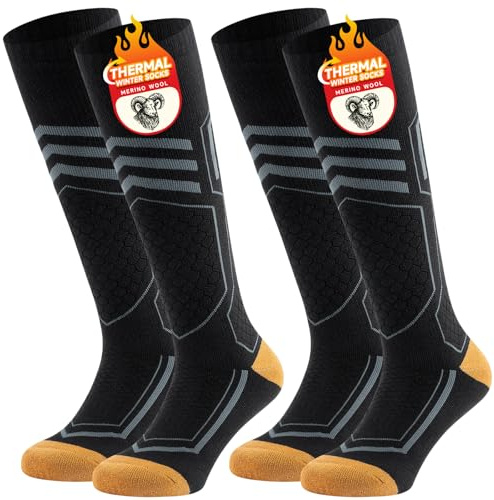 TANSTC Merinowolle Skisocken Herren 43-46 Winter Warme Merino Socken Antiblasen Dicke Thermosocken Wandersocken Damen, Thermo Wintersocken Kompressionsstrümpfe, Skifahren Geschenke Schwarz 2 Paar