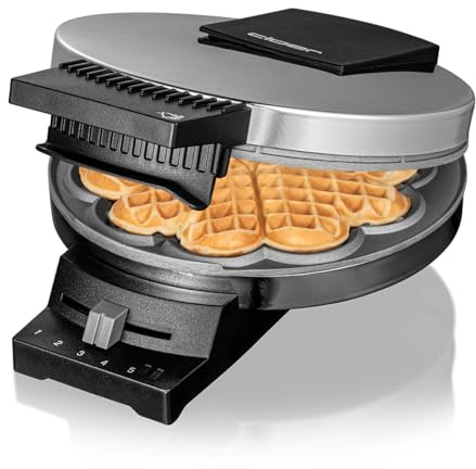 Cloer 185 Waffeleisen für eine Herzwaffel mit 16 cm Durchmesser, Herzwaffeleisen mit Doppelbeschichtung, schweren Backplatten, stufenlosem Bräunungsgrad, Backampel & Signalton, Edelstahl, 930 W, Chrom