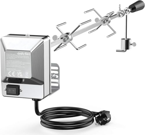 Onlyfire BRK-6031 Universal Verchromter Grillspieß Set, 90 cm Rotisserie Drehspieß, 2X Fleischnadeln, Edelstahl Motor, 220V - 240V, Drehspiess