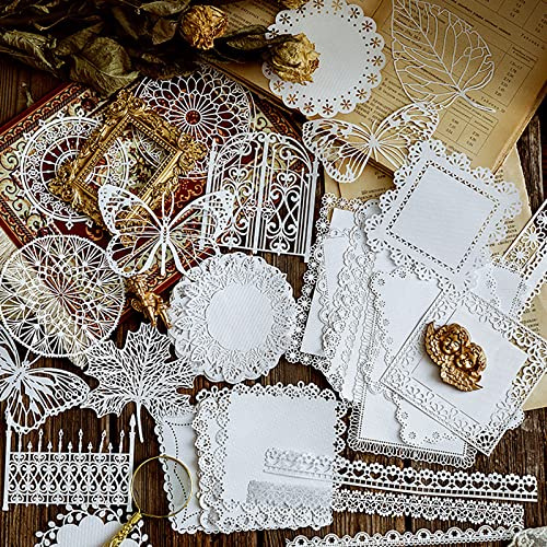 Scrapbooking Spitze Papier 40 Stücke Dekoratives Spitzenpapier Hohle Spitze Spitzenmuster für Scrapbooking, Tagebuch, Planer, Album, Tagebuch, Notizbuch, DIY-Dekoration (Weiß)
