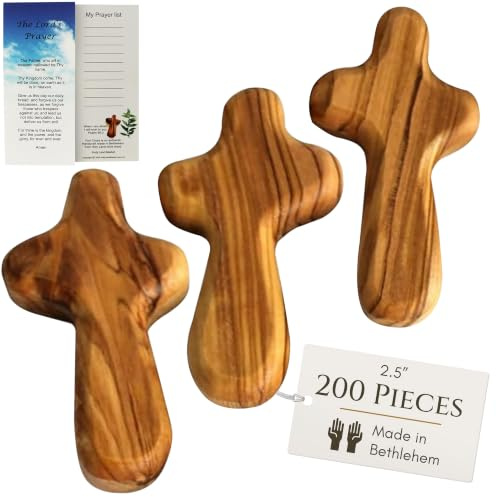 Holy Land Market Olivholz Taschenkreuz 6,3 cm Kleines Holzkreuz 200 | Vaterunser und Echtheitskarte, eine pro Kreuz. Inklusive Zertifikat.