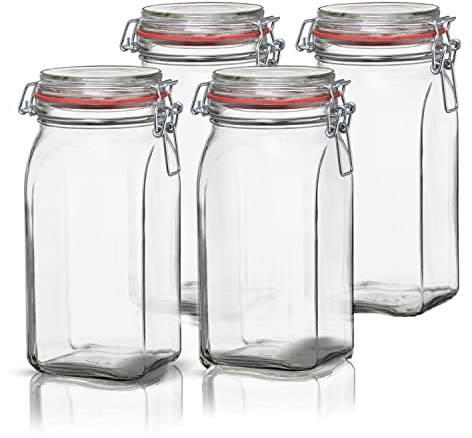 BigDean 4er Set Vorratsgläser 1,5L - Einmachgläser mit Bügelverschluss - Made in Germany - Drahtbügelgläser zum luftdichten Aufbewahren, Einlegen & Einkochen - Glas, eckig