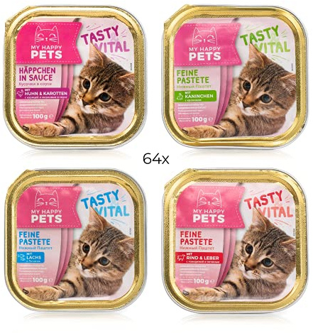 MY HAPPY PETS 64x Katzenfutter in 4 verschiedenen Sorten - Alleinfutter-Mittel für ausgewachsene Katzen - Nass-Futter - Feine Pastete - 64x100g