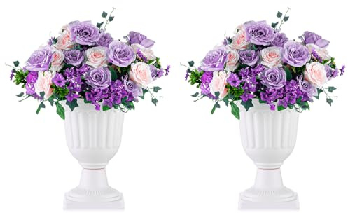 NUPTIO 2 Stück Blumenspindel, Dekorative Urne aus Kunststoff mit Einer Höhe von 35.5cm, Hoher Kunststoff Pflanzensockel, Blumentopf im Vintage Stil, Hausgarten Veranda Türdeck Balkondekoration, Weiß