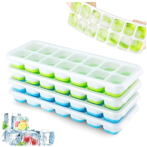 Airabc 4er Pack Eiswürfelform Silikon Mit Deckel, Eiswürfelschalen | Platzsparend und Stapelbar, LFGB Zertifiziert und BPA Frei, einfach Herauszunehmen