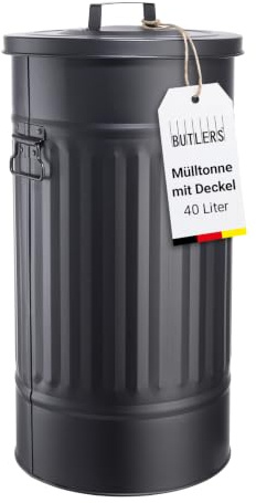BUTLERS ZINC Mülltonne Oskar, Retro Mülleimer mit Deckel, 40 Liter, Metall | Schwarz, ideal für Müll, gelber Sack & zur Aufbewahrung, für Küche, Bad & Büro, Vintage Abfalleimer mit Tragegriffen