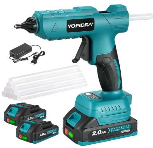 Yofidra 100W Akku Heißklebepistole Kabellos mit 10 Klebesticks(11mm), Blau | Heissklebepistole mit 2x2.0Ah Akkus und und Ladegerät, Schnell Aufheizung, Ideal für DIY, Reparaturen und Basteln