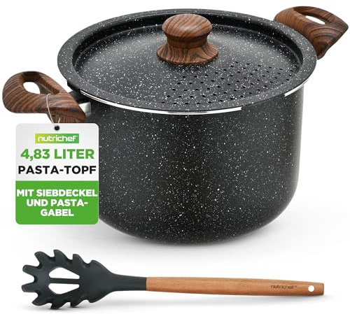 NutriChef 4.7L Nudeltopf mit Siebdeckel – Induktionstöpfe Antihaft Schwarz Marmor Mit Pastaheber und Verriegelbarem Deckel | Hitzebeständige Griffe | Einfach zu Reinigen | Großer Kochtopf