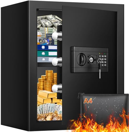 55L Safe Tresor mit Feuerfester Wasserdicht Dokumententasche, Digitaler MöBeltresor mit Schlüssel Herausnehmbaren Regalen, Wandtresor Sicherheitssafe für Zuhause Schmuck Bargeld Wertsachen