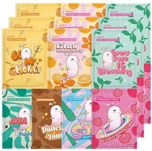 ZealSea Tuchmasken zur Gesichtspflege, 21er-Set, Spa-Geschenkset für Frauen | Masken mit natürlichen Inhaltsstoffen, spenden Feuchtigkeit & beruhigen jeden Hauttyp, Spa-Geschenk für Kids, Teens & Mädchen