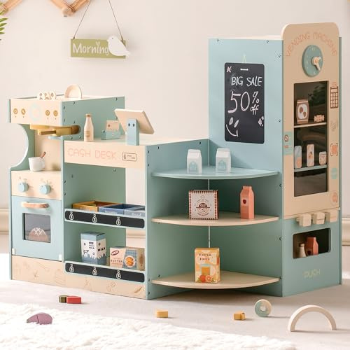 ROBUD Kinder Kaufladen, Einkaufsladen Holz,Lebensmittelgeschäft Spielzeug mit Kaffeemaschine Kasse Verkaufsstand Automat, großem Rollenspielzeug,3+
