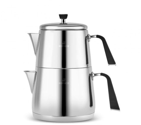 Karaca Fiona Schwarzes Türkisches Teekannen-Set, Induktionsgeeignet, 1L Teekanne & 2L Teekessel aus Edelstahl, Spülmaschinenfest, Türkische Teekanne, Teekocher, Tea Maker, Caydanlik, Demlik