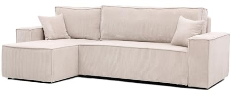 GREKPOL 244x145 Sofa mit Schlaffunktion (200x125) - Cord Sofa 3 Sitzer - Beige Ecksofa mit Schlaffunktion und Bettkasten - Schlafsofa mit Bettkasten - Couch