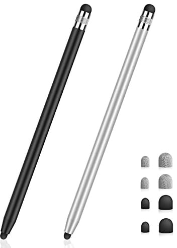 MEKO 2 Pack 2 in 1 Tablet Stifte mit Faser/Gummi Spitzen für Handys/Tablets | Touchscreen Stift für iPhone iPad Pro Mini iWatch Samsung Huawei Xiaomi Surface Chromebook usw. Schwarz+Silber