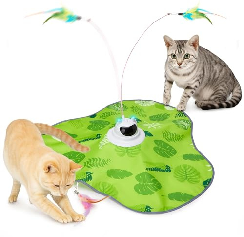 Toozey Interaktives Katzenspielzeug mit 3 abnehmbaren Federn, Elektrisches Katzenspielzeug mit Federautomatik & USB-Aufladung, Selbstbeschäftigungspielzeug für Katzen jeden Alters, Grün