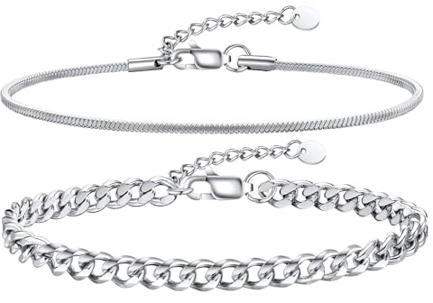 XUANPAI Armband Herren Silber Edelstahl - Silberarmbänder 2 Stück Set Dünne Armbänder für Männer Frauen Hochwertige Cuban Link Schlangenarmband Komfortables Armkette Geschenke für Freund Sohn Papa