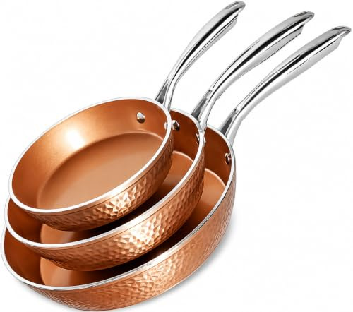 Gotham Steel Hammered Bratpfannen-Set, 3-teilig, antihaftbeschichtet, Kupfer, 20,3 cm, 25,4 cm und 30,5 cm, Omelettpfanne, Kochgeschirr, PFOA-frei, spülmaschinenfest, Cool-Touch-Griff