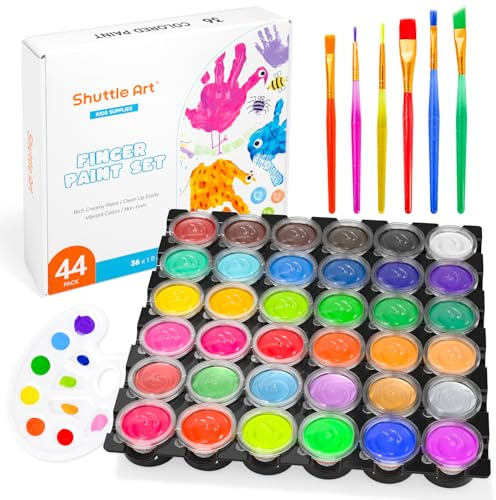 Shuttle Art 36 Farben Fingerfarben (je 30ml) 44 teiliges malset für kinder | 44 teiliges Fingerfarben Set mit 36 Fingerfarben Kinder (je 30ml), Pinsel, Palette, Malbuch, Fingermalfarben für Kind