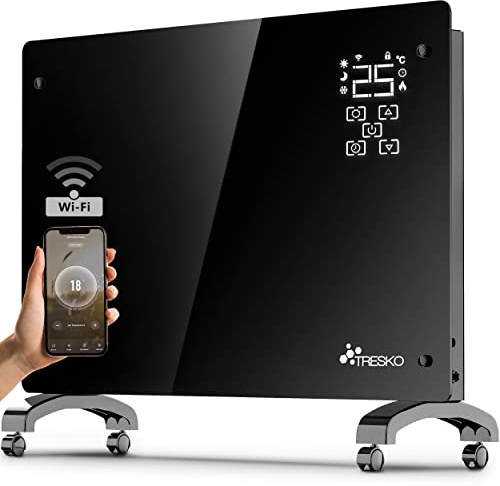 TRESKO® Glaskonvektor 2000W APP WiFi Funktion als Stand- oder Wand Heizung | Elektroheizung Glasheizung elektrisch | Elektro Konvektor Heizung Heizkörper LED-Display & Timer | Elektroheizkörper Leise