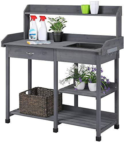 Yaheetech Pflanztisch mit Waschbecken Schubladen & Ablagefläche & 3 Haken | Blumentisch Gärtnertisch Holzpflanztisch aus Wetterfest Holz für Terrasse Garten, Grau