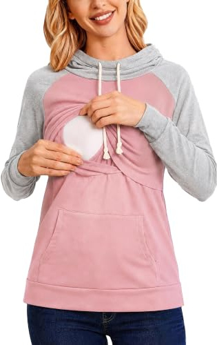 Love2Mi Damen Stillen Hoodie Stillpullover Langarm Stillshirt | Weich und Warm Baumwolle, Kapuze mit Kordelzug und Tasche, zweilagiger Stillzugang zum Anheben,für zu Hause un