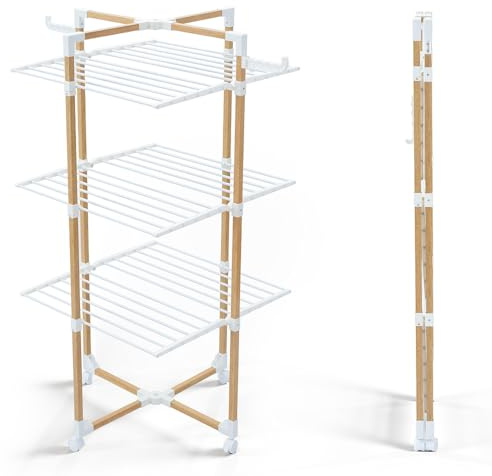 VOUNOT® Wäscheständer Turm 3 Ebenen, Turmwäscheständer Klappbar Platzsparend, Standtrockner Wäscheturm Wäschetrockner mit 4 Rollen & 2 Seitenflügel, 25m Leinenlänge, in Holz Imitiert, Weiß