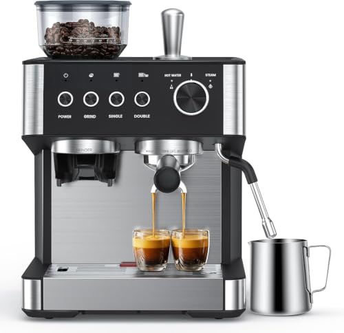 COWSAR Espressomaschine mit integriertem Mahlwerk, 15 Bar Drucksystem | Manueller Milchaufschäumer & Schnellaufheizung, ideal für Wohnung, Büro, Café und Restaurant
