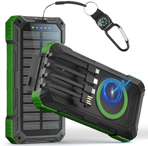 Power Bank 56800mAh:30W Solar Powerbank USB C Wireless Charging Externer Akku Ladegerät mit 4 Kabeln Schnellladung 6 Ausgänge 3 Eingänge,Powerbank Solar Outdoor mit Camping LED Lampe, Kompass