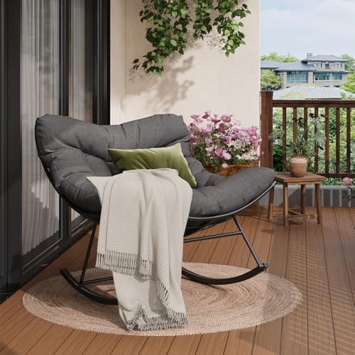 GarveeHome Oversized Schaukelstuhl mit Metallrahmen und Dickem Kissen | Stahlrahmen, Komfortkissen, Garten, Terrasse, Pool, Outdoor
