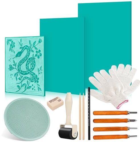 14 Stück Linoleum Platten Linoldruck Set Stempelgummi Linolschnitt, Blockdruck Starter Kit, A4 A5 A6 Gummistempel Schnitzblöcke mit Bildhauerwerkzeugen, für Siegelschnitzerei DIY