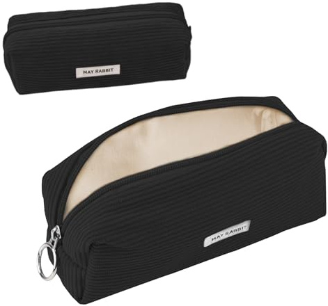 huoflame Federmäppchen Cord-Stoff – Großes Retro Mäppchen für Schule Büro Teenager Damen – Kosmetiktasche & Stiftetasche mit Reißverschluss, Rosa & Schwarz, Cord Mäppchen Geschenkidee (Schwarz)