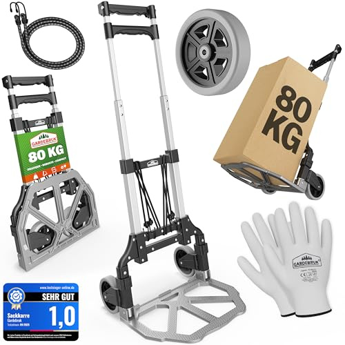 GARDEBRUK® Sackkarre Aluminium klappbar 80 kg PP-Reifen pannensicher inkl. Handschuhe 2 Expander Umzug Transportkarre Transportwagen Transportroller