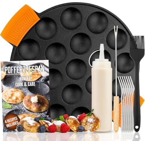 IRONO Poffertjes Pfanne - 19 Mini Pfannkuchen - Pancake Pfanne | Poffertjes Maker - Gusseisen Pfannkuchenpfanne - Eier Crepe Pfanne, Butterpinsel, Wendegabel, 6 Gabeln, Teigflasche, Griffe