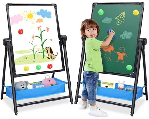 Kinderstaffelei, Stehende Maltafel aus Eisen, Höhenverstellbares Doppelseitiges Kunstzeichenbrett, um 360 Grad Drehbare Kreidetafel für Kinder mit Zubehör, 66–109 cm (Schwarz)