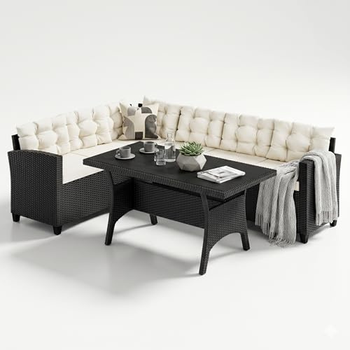Casaria® Polyrattan Ecklounge Set WPC Esstisch Ecksofa inkl. 7cm Sitzauflagen 15cm Kissen Wetterfest Outdoor Lounge Garten Terrasse Balkon Möbel Schwarz