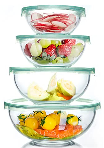Luvan Glasschüssel mit Deckel 4 Stück (0.95L,1.5L, 2.4L, 3.5L), Groß Runde Salatschüsseln Backen Schüsseln, Mikrowellen- und Spülmaschinenfest zum Mischen, Aufbewahren und Servieren