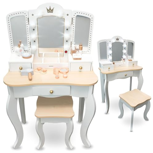 mamabrum XXL Kinder Schminktisch aus Holz mit Hocker & LED-Spiegel – Frisiertisch ab 3 Jahren mit Schublade & Beauty Zubehör – Kreatives Spielset & Schreibtisch für Mädchen