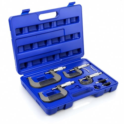 Wiltec Mikrometer Werkzeug Set, 0-100 mm Messbereich, 0,01 mm Messgenauigkeit, Werkzeugset Stahl mit 4 Bügelmessschrauben und Koffer