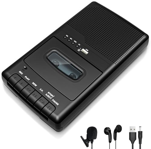 Tragbarer Kassettenrecorder mit One Touch Aufnahme, Mobiler Kassettenspieler & USB-Digitalisierer,Kassettenspieler-Recorder,Eingebauter Lautsprecher,Ausziehbarer Griff, 3,5-mm-Kopfhörer,Schwarz