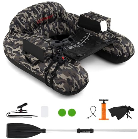 COSTWAY Belly Boot, Belly Boat mit einstellbarem Angelrutenhalter, Fischhakenstator, Pumpe, Aluminium-Paddel & Flossen, Angelboot für Erwachsene